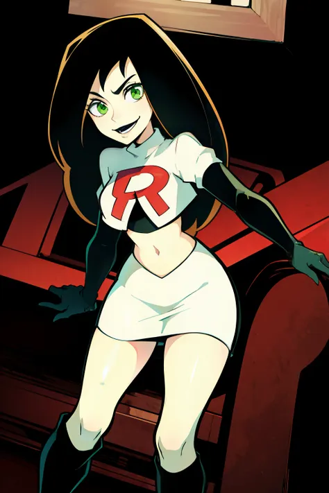 shego, green eyes, black lipstick, team rocket uniform, red letter r, white skirt,white crop top,black thigh-high boots, black e...