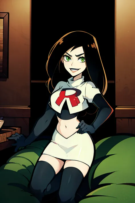 shego, green eyes, black lipstick, team rocket uniform, red letter r, white skirt,white crop top,black thigh-high boots, black e...