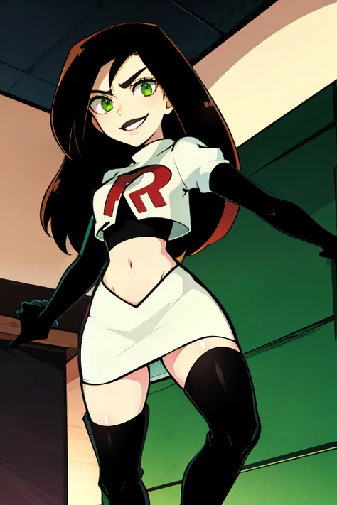 shego, green eyes, black lipstick, team rocket uniform, red letter r, white skirt,white crop top,black thigh-high boots, black e...