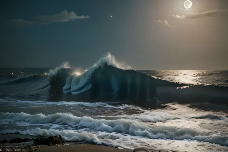 Crashing waves illuminated by moonlight