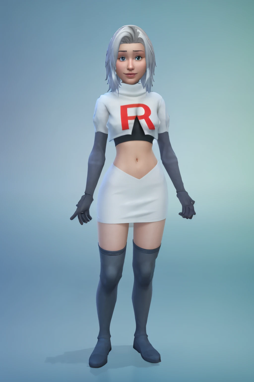 simscas, front view, a woman standing, white skin, european, fit, flat background, outfit-me, team rocket,team rocket uniform, r...