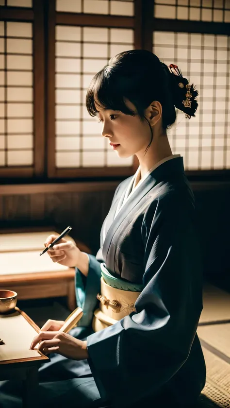 (masterpiece, shape, highest quality:1.2), get used to it, Complex, 8K, HDR, cinematic lighting, sharp focus, photograph, wearing a kimono, girl in her 20s, write a letter, black hair,Sengoku period