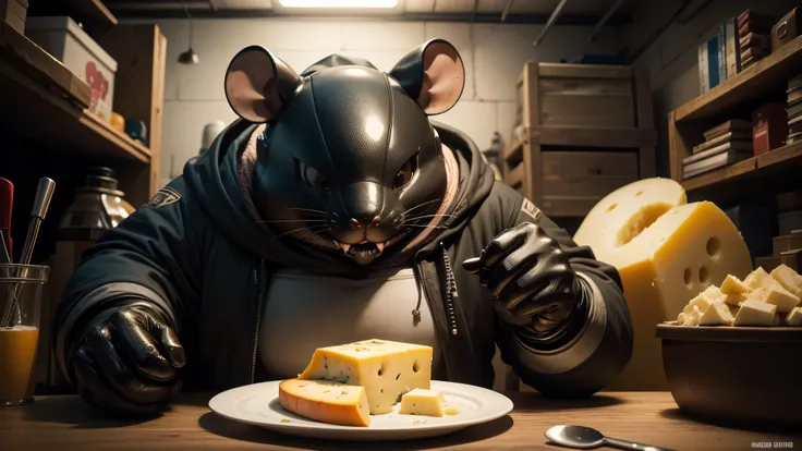 good quality, ultra high resolution，masterpiece, 8K，（reality，detail，close up）night，One with a mouse head，fat robber，Eating cheese in the basement，whole body effect（（from head to foot））