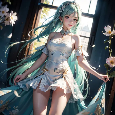 Low - Angle,from below,(1 girl), ((masterpiece:1.4, highest quality)), ((masterpiece, highest resolution)), (beautiful illustrations),(Beautiful medium-long silver-green hair),cute office lady,  (Elegant mini dress with flower print), (looking at the viewe...