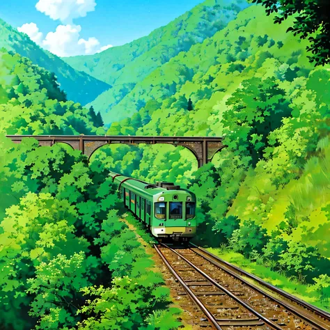 Train journey through the lush mountains greenery:
The train weaves its way through the verdant landscape of the mountains, as a myriad of vibrant green hues blankets the terrain. The azure sky peeks through the foliage, casting dappled sunlight onto the p...