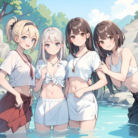 ((highest quality)), ((masterpiece)), (3 girls:1.5), Three cute girls are posing for the camera。 , (underwater), (shirtを持ち上げる:1.3), (three people standing in a row), (Close-up shot from the waist up), (open your mouth and smile:1.3), (topless), nipple, hai...