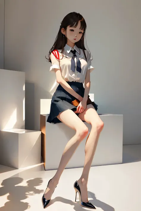  real、long legs、full、feminine、white shirt、mini skirt、high heels,very delicate face,realistic lighting and shading, (very delicate and beautiful芸術)1.2, It&#39;s elegant,dramatic shadow、very detailed。high quality、High resolution、Raw、超High resolution、super de...