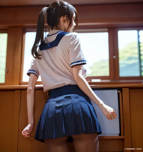 highest quality、8K、professional lighting、Natural light、A cute boy、fiery idol pose、precision wool、beautiful and delicate skin、shiny skin、no makeup、thin、pale skin、big breasts、ponytail、I&#39;学校の教室にいるI、High school girl in uniform、She is wearing a navy blue sup...