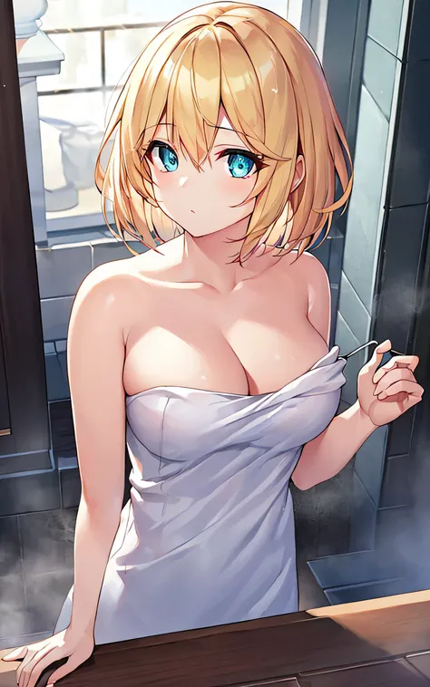 a girl、blond、short hair、big breasts、split、top quality、High resolution、详细信breathe、 go out、nipple、a beautiful girl、Upper body visible、Naked torso、dream world、stone enclosed room、bath towel、after taking a shower、in front of fireplace、fireplace light、darkroom、...