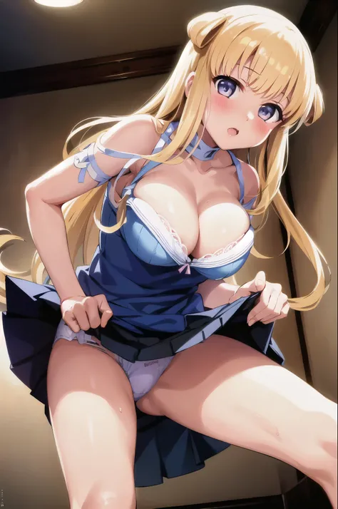 Fletcher, 1 girl, blue skirt, The cleavage is open, big breasts, (from below:1.2), bent down,  blush, highest quality, masterpiece, perfect lighting, panties,bra,((nsfw)),skirt lift