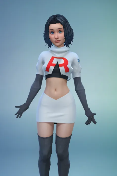 simscas, front view, a woman standing, white skin, european, fit, flat background, outfit-me, team rocket,team rocket uniform, r...