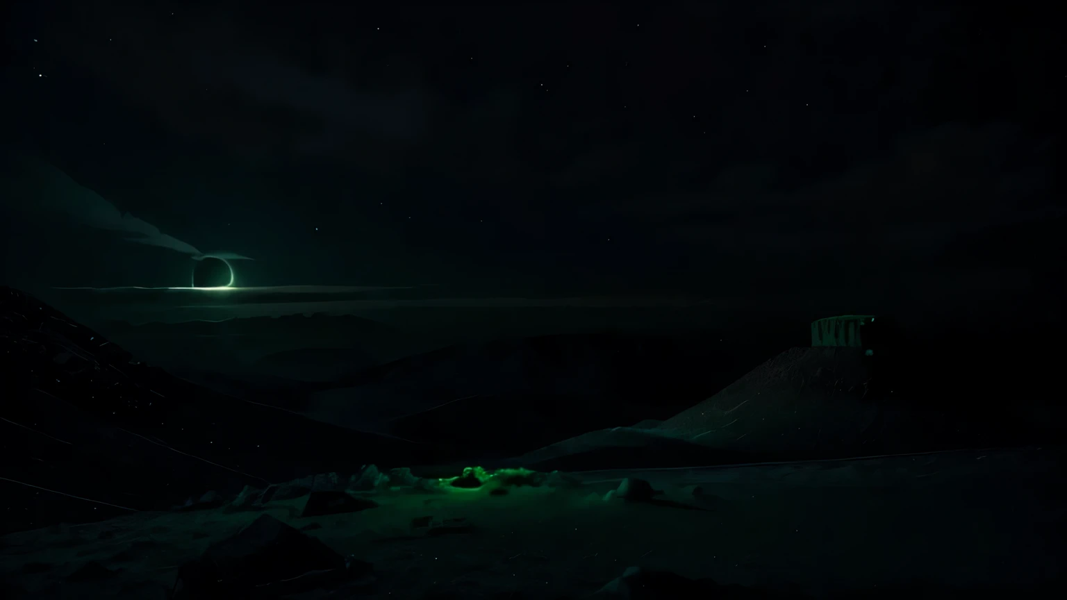 bare mountain,dark athmosphere,moon,deserted,scary,green light,