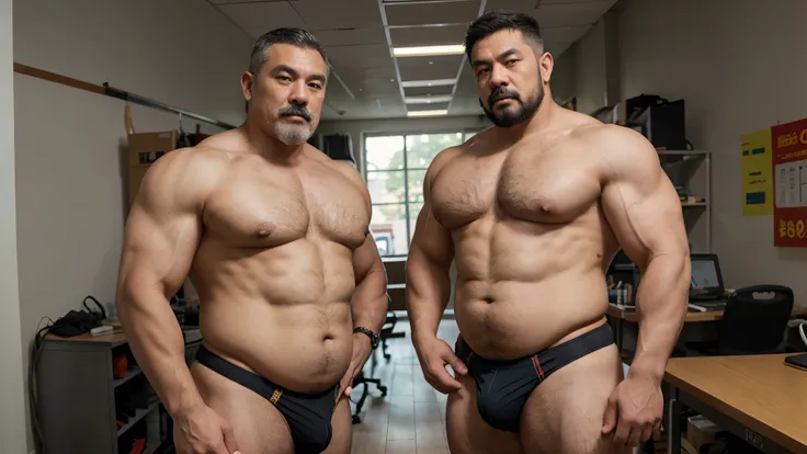 2 big Vietnamese dads with gray hair, mature face, a thick mustache, a short chin beard, muscle bear body, wearing a massive bulging jockstrap standing at the working room, have belly, big muscular chest, a sexy pose.