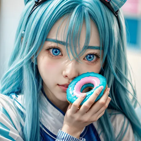 Anime girl with blue hair and blue eyes holding a donut, she has a cute expressive face, Young anime girl close up, RPG real estate, fa chyan, Screenshot of anime 2 0 1 9, anime image of a cute girl, Tensei Shitara Slime Datta Ken, cute anime face, Anime p...