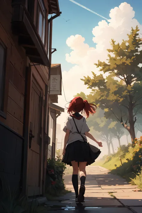 ((highest quality)), ((masterpiece)), (become familiar with), Rear view,red hair woman,top of the hill,look up at the sky,nostalgic,Woman in the Distance,Two dimensions,anime,Not very realistic