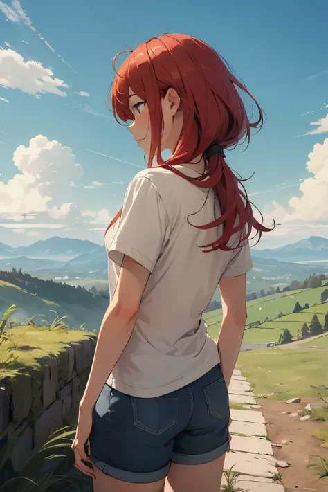 ((highest quality)), ((masterpiece)), (become familiar with), Rear view,red hair woman,top of the hill,look up at the sky,nostalgic,Woman in the Distance,Two dimensions,anime,Not very realistic