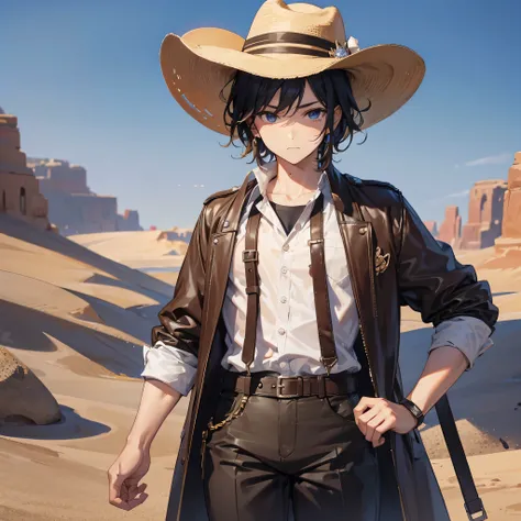 cowboy，male，戴着cowboy帽，desert background，handsome man