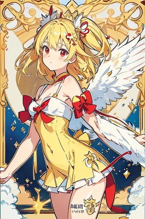 Magical girl、blonde、左side tail、amblyopia patch、red eyes、yellow one piece、Navel exposure、Big ribbon on the chest、bright、ステッキを持two、cuteステッキ、jump、anime style、side tail、大きいhair ornaments、リボンのhair ornaments、hair ornaments１two、fly in the sky、hair blowing in the ...