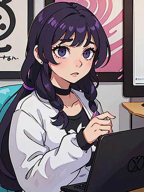 female anime character, described as having purple short braids. She is dressed in a black oversized t-shirt and is seen wearing headphones. The setting is in front of a laptop and she holds a can of an anonymous energy drink in her hand. She is portrayed ...