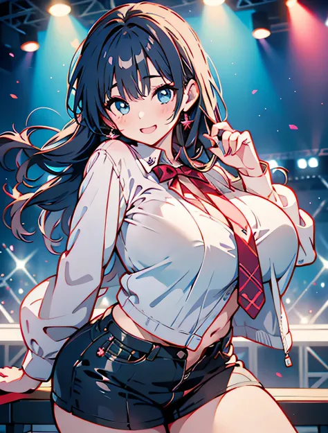 Erotic Anime Illustration、High resolution、A voluptuous high school girl idol who flatters herself on stage、beautiful eyes、Idol Master、Hibiki Ganaha、ecstatic expression、Overwhelming huge breasts that go beyond common sense、thick legs with fat、perfect propor...