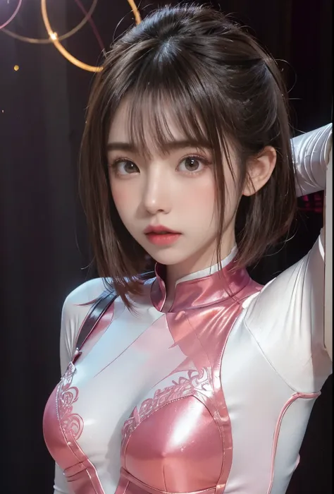 ((pink ranger, Same as V1)), 1 girl, Beautiful 20 year old Japanese girl, Angelic, cute face,
detailed and beautiful eyes, 
(Big eyes:1.3),long eyelashes,
see through bang,
(beautiful detailed face and eyes:1.4), 
beautiful short black hair, Beautiful smil...