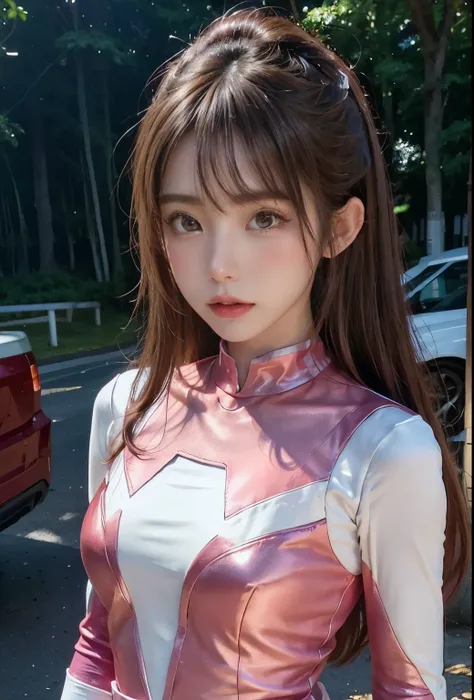 ((pink ranger, Same as V1)), 1 girl, Beautiful 20 year old Japanese girl, Angelic, cute face,
detailed and beautiful eyes, 
(Big eyes:1.3),long eyelashes,
see through bang,
(beautiful detailed face and eyes:1.4), 
beautiful short black hair, Beautiful smil...