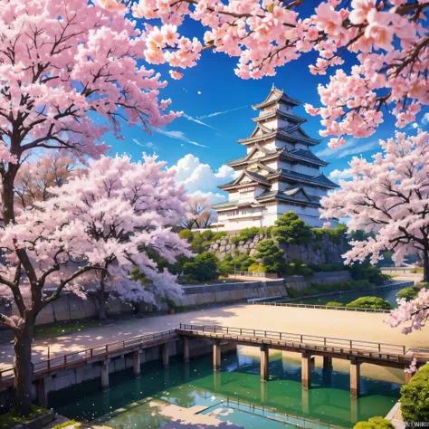 Himeji Castle with sakura trees around.
