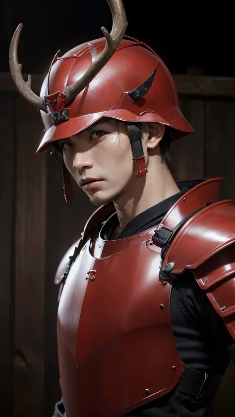 (8K, Raw photo, highest quality, High resolution:1.2), (realistic, photo-realistic:1.37) , Japanese male, Japanese, alone, 1 boy, Letterboxed, kabuto, Red Helmet, arms, alone, red Japanese armor, red armor, branch angle, 1 boy, male focus, warrior, beautif...