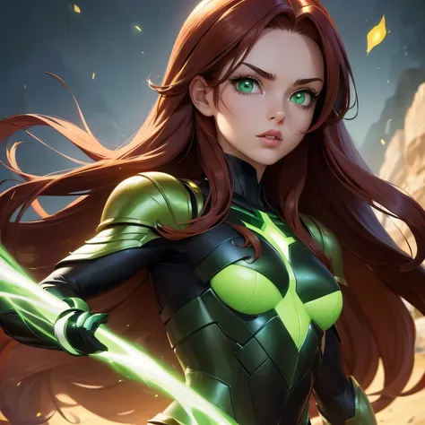 ((Masterpiece)) ((Perfect Face)) ((Beautiful)) ((Small Breasts)) ((portrait)) ((Wide Hips)) ((black and green Super Hero Armor)) ((Super Powers)) ((Long Hair)) ((auburn Hair)) ((Pale Skin)) ((Glowing green Eyes)) ((Button Nose)) ((Full Lips)) ((Perfect Han...