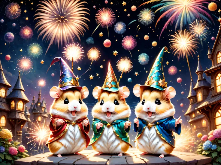 sparkler,hamstania,festival,magic hamster party,((hamster wizard:great joy:raise your hand:open your mouth:jump:wizard&#39;s hat...