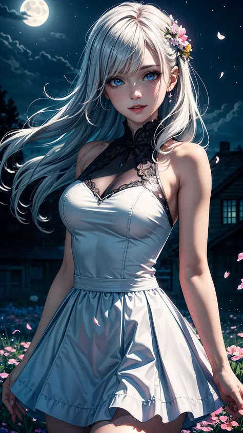 masterpiece, Best quality, 1 girl, (colorful),(beautiful finely detailed eyes and detailed face),cinematic lighting,bust shot,Extremely detailed 8k unity CG wallpaper,white hair,solo,smile,intricate skirt,( (flying petal)),(flower meadow) sky, cloudy_sky, ...