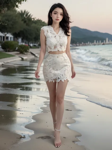 (photorealistic, detailed face, view from distance), (1girl, full body view), beautiful European woman, cute 18 year old woman, floating hair, long black hair, curly hair, wet hair, walking along beach, perfect face, perfect body, perfect proportions, very...