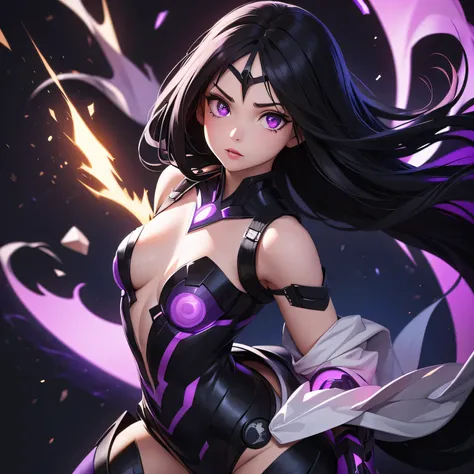 ((Masterpiece)) ((Perfect Face)) ((Beautiful)) ((Small Breasts)) ((portrait)) ((Wide Hips)) ((black and purple Super Hero Armor)) ((Super Powers)) ((Long Hair)) ((black Hair)) ((Pale Skin)) ((Glowing purple Eyes)) ((Button Nose)) ((Full Lips))