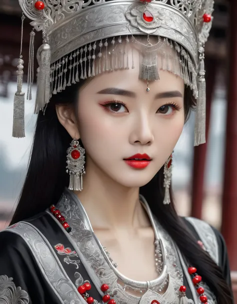 (masterpiece,high quality,8K).(Beautiful,Lengyan,The most beautiful beautiful Chinese girl,Queen,Skin details,Bright Eyes,Fine lashes,unique,Gaze at the viewer),(Miao:1.5,silver jewelry:1.2,silver hat crown:1.5,silver tassel:1.37,silver collar,Silver textu...