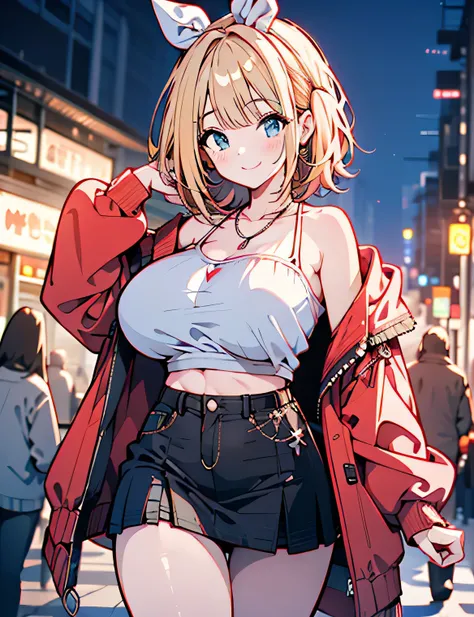 Erotic Anime Illustration、High resolution、Plump high school girl walking on the promenade at night、blue archive、Kagamine rin、fine and beautiful eyes、bright smile、Overwhelming huge breasts that go beyond common sense、perfect proportions、fleece jacket、Tube t...