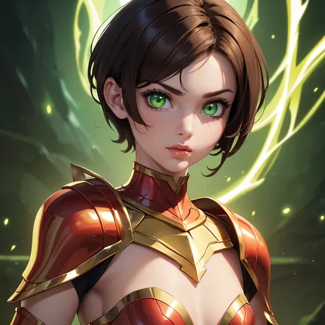 ((Masterpiece)) ((Perfect Face)) ((Beautiful)) ((Small Breasts)) ((portrait)) ((Wide Hips)) ((red and gold Super Hero Armor)) ((Super Powers)) ((short Hair)) ((brunette Hair)) ((Pale Skin)) ((Glowing green Eyes)) ((Button Nose)) ((Full Lips))
