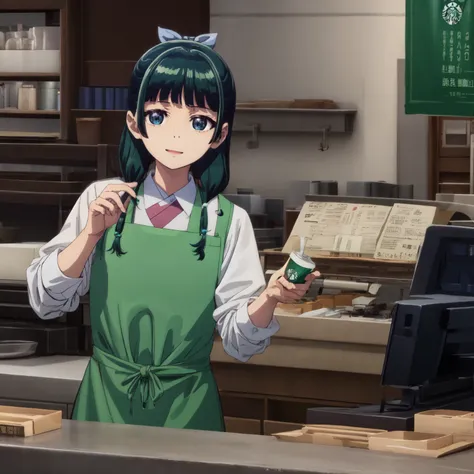 are thin、green hairstyle,、only one girl is in the picture、smile、solo shot、starbucks apron、starbucks work,white shirt