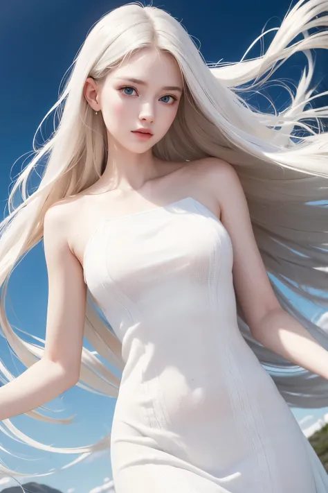 best quality, 8k, RAW photo, incredibly absurdres, extremely detailed, slender, white, baby-faced adult white woman, no makeup, excited look, wearing ivory fluffy long-pile knit long dress, perfect proportions, straight hair, (wind, wind-effect)