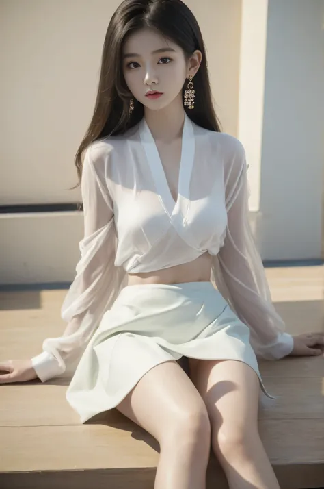 1 girl, Korean K-pop idols and models ,23 years old,soft body, White skin,close up, 8K, original photo, best quality, masterpiece,actual, photo-actual,charming, thin wrap skirt , earrings, High image quality, whole body, plump breasts