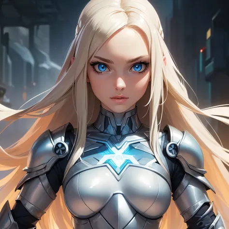 ((Masterpiece)) ((Perfect Face)) ((Beautiful)) ((Small Breasts)) ((portrait)) ((Wide Hips)) ((silver sci-fi Armor)) ((Super Powers)) ((Long Hair)) ((Blonde Hair)) ((Pale Skin)) ((Glowing blue Eyes)) ((Button Nose)) ((Full Lips))
