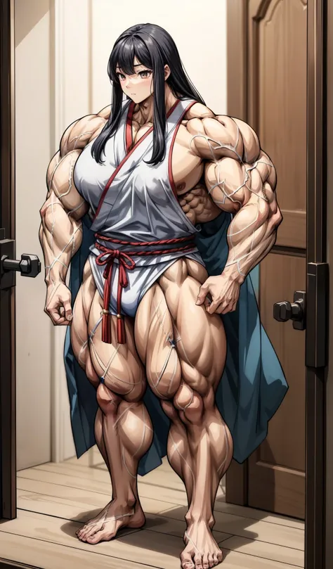 best quality,girl,muscular female,pajamas
there is a woman standing in front of a door, a character portrait by Kamagurka, pixiv, shin hanga, muscular!!, , muscular!, highly detailed full body, muscular thighs, massive legs towering over you,