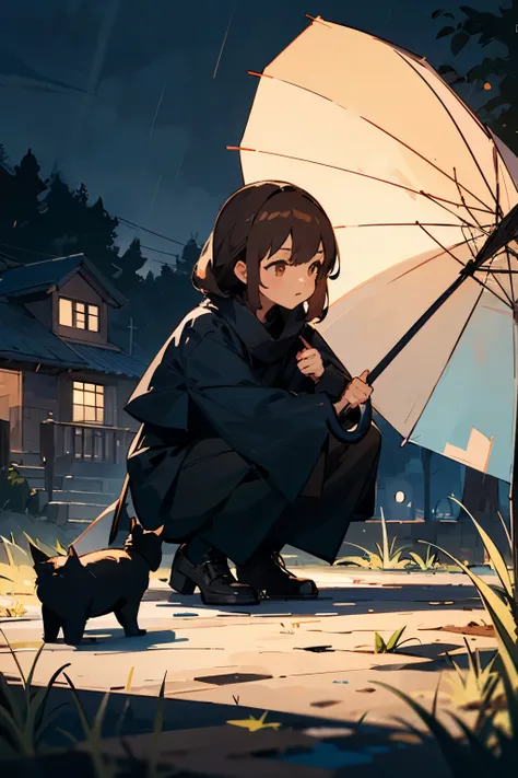 it is night generates a girl with brown eyes and brown hair wearing black clothes, the girl has an umbrella, There is a black cat on the ground and the girl is crouching down to see it., A light blue light comes out from the bottom of the umbrella and hits...