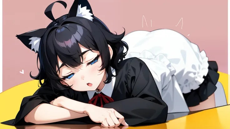 looking at the viewer, 1人のgirl, open your mouth, drunk face、girl、((highest quality, expensive_solve, clear_image)),(black hair), (black cat ears), (Ahoge), (ridiculously short hair), (wavy hair), (blue eyes)、very big breasts,wore a dress、background night r...