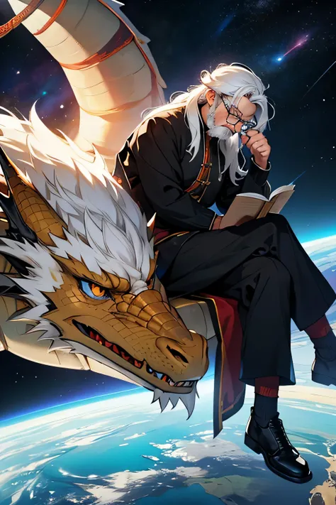 spatial perspective，Earth background，elder，male，read，white hair，Chinese，long hair，wear glasses，sitting，There is a dragon