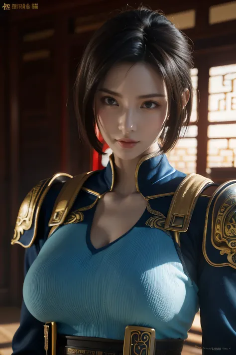 Masterpiece,Game art,The best picture quality,Highest resolution,8K,(Portrait:1.5),Unreal Engine 5 rendering works,(Digital Photography),
Girl,Beautiful pupil,(Gradual short hair is blue and red),Busty,(Big breasts),
(A female general in the ancient fantas...