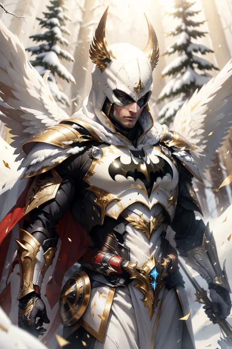 Batman full body on a white, gold and red armor suit, on a white snow forest, snow falling over the armor, the sin shines over the armor suit, hyper realistic, photorealistic, intricate fabric details, needlepoint vining elements, photo realism, 24k resolu...