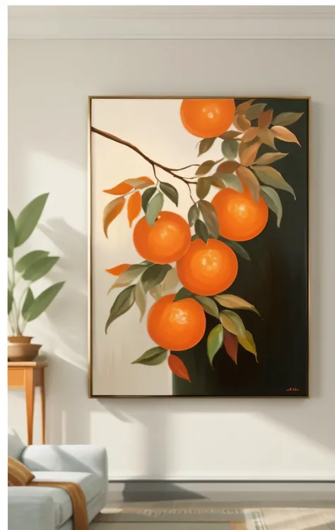 painting of oranges on a branch in a living room, oil painting style, ntricate oil painting, oleo painting, canvas painting, oil in canvas style, organic painting, painting on canvas, glaze oil painting, thick oil painting, oil-painting, oil - painting, pa...