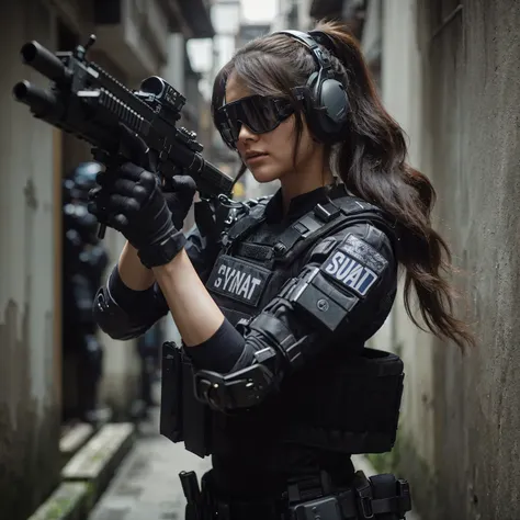 film photo, 70mm, ISO100, f/2.8, 1/320s, Taiwanese female police in SWAT uniforms with fighting skills, wearing advanced tactical armor and high-tech future toy rifles, tactical communication headsets and goggles, ponytail hairstyle, in a narrow space In t...