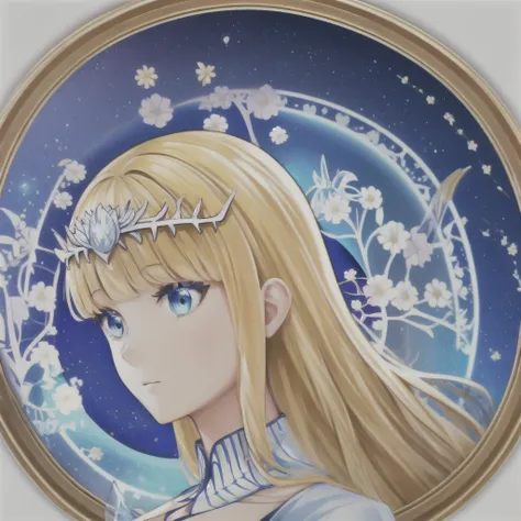 masterpiece, top quality, beautiful and aesthetic: 1.2, fractal art: 1.3, jewels, detailed clothes, detailed round picture frame, delicate crown, profile, blue, petals fluttering, wistful expression, 1girl, solo, Calca, blonde hair, extremely long hair, wh...