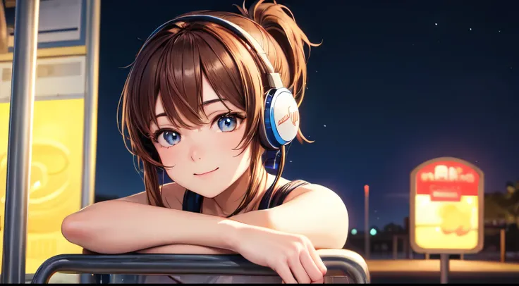 (highest quality,masterpiece:1.2),be familiar with,perfect face,brown hair,Girl listening to music,have her phone,sitting at the bus stop,2D anime style,figure,soft lighting,Bright colors,Sparkling ornaments,night,peaceful atmosphere,Cozy background,expres...